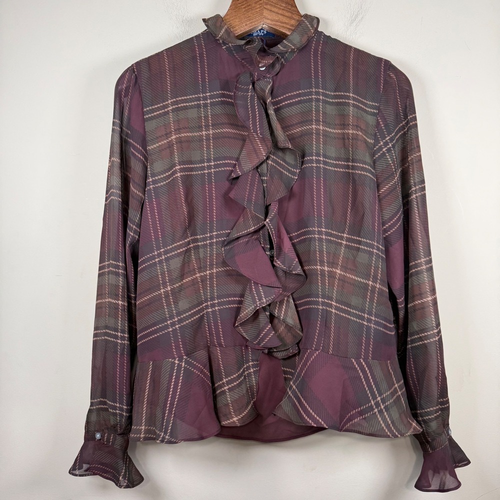 Chaps Green/Wine Plaid Sheer Ruffle Blouse/Camisole Large Old Money Office